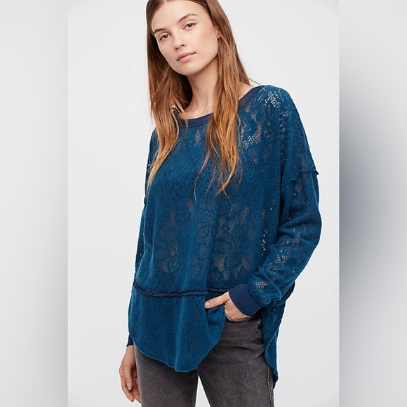 Free people Jewel Blue Not Cold In This Floral Brushed Lace Knit , sz medium - Picture 1 of 9
